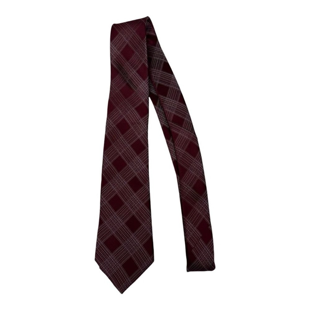 Van Heusen Mens Burgundy White Grid Plaid 100% Silk Necktie Classic Width Tie